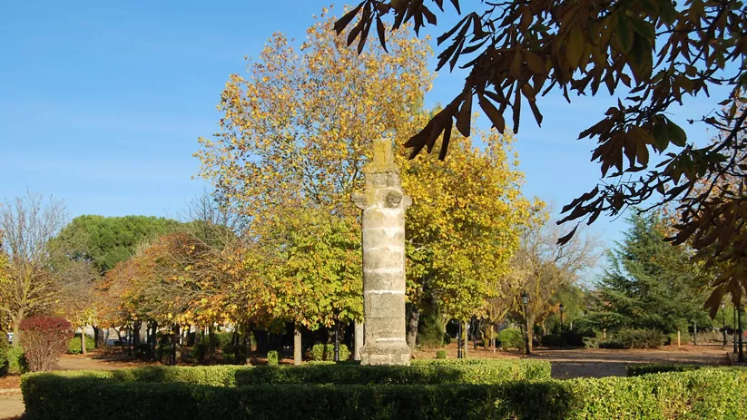 Columna de piedra en un parque con árboles otoñales.