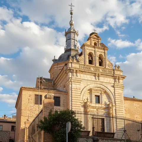 Iglesia iluminada por luz dorada con escaleras laterales y contenedores en primer plano.