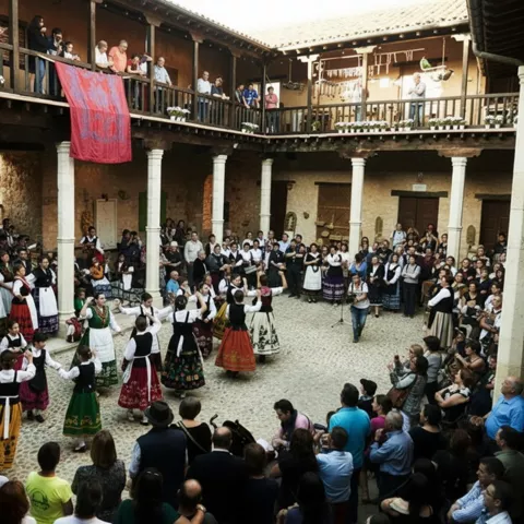 Gran patio con espectáculo de danza tradicional y espectadores en galerías.