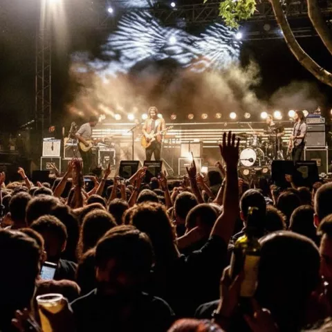 Banda tocando en directo ante multitud en festival nocturno.
