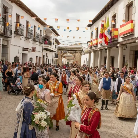 Desfile festivo por una calle con banderines, con gente en trajes tradicionales y ramos de flores.