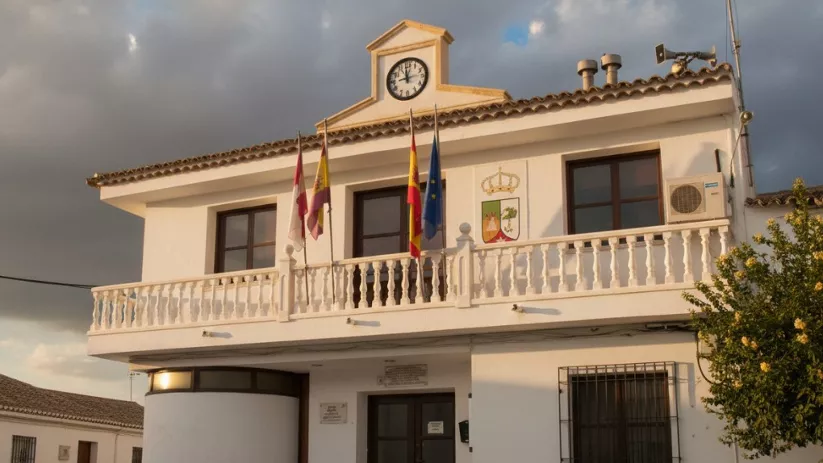 Fachada del Ayuntamiento de Fontanarejo (Ciudad Real) con balcón, reloj y banderas oficiales.