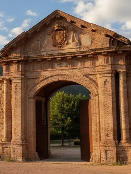 Puerta monumental de acceso al recinto histórico de Guadalmez (Ciudad Real), con muralla de piedra y entorno natural.
