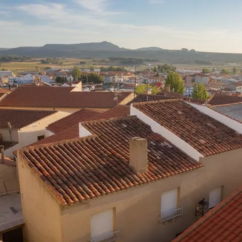 Viviendas tradicionales de Higueruela con tejados de barro y campos abiertos que rodean el municipio.