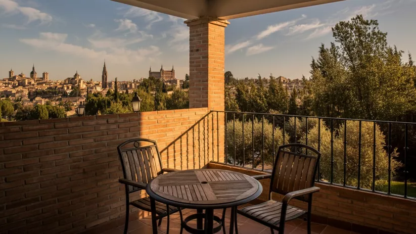 Terraza con mesa y sillas de madera con vistas panorámicas a la ciudad al atardecer.