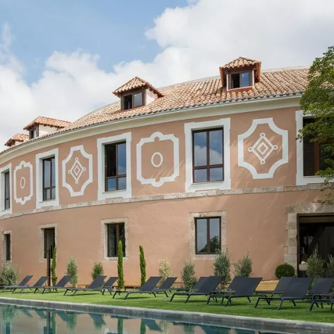 Piscina infinita frente a edificio de estilo clásico.