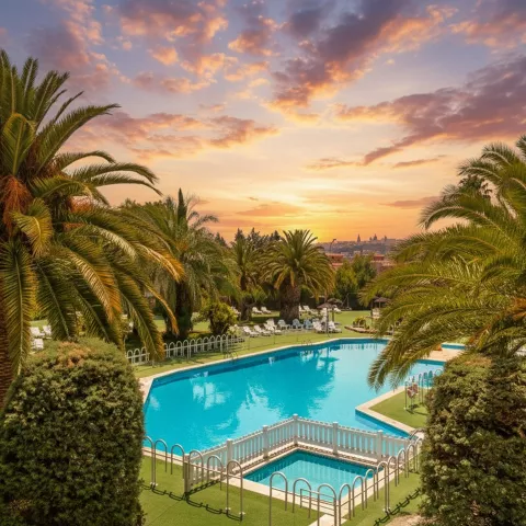 Piscina exterior rodeada de palmeras y césped al atardecer.