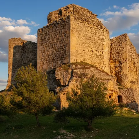 Murallas de piedra sobre una colina con vegetación dispersa