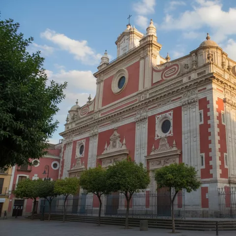 Fachada barroca en tonos rojizos con torres y cúpulas bajo cielo azul.