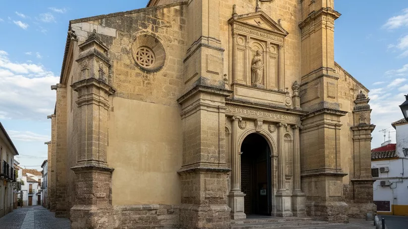 Fachada principal de iglesia con detalles escultóricos y gran ventanal circular.