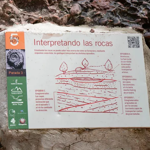 Panel informativo sobre formaciones geológicas en ruta señalizada.