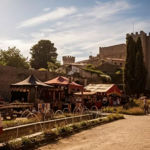 Mercado medieval con puestos y carpas junto a murallas de piedra.