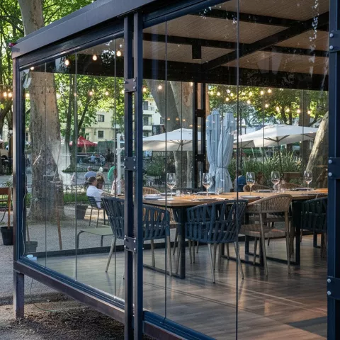 Restaurante acristalado con luces colgantes en una zona verde urbana.