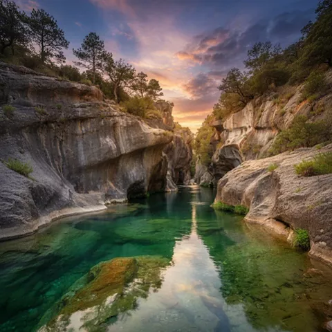 Paraje natural con aguas cristalinas entre formaciones rocosas y vegetación, ideal para disfrutar de la naturaleza cerca de La Gineta.