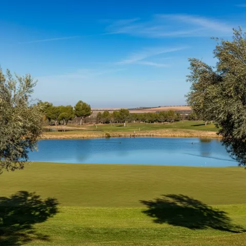 Lago junto a green y arbolado