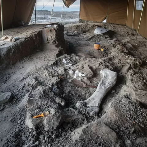 Excavación cubierta con huesos visibles.