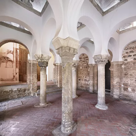 Sala interior con columnas y capiteles tallados sobre suelo de barro.