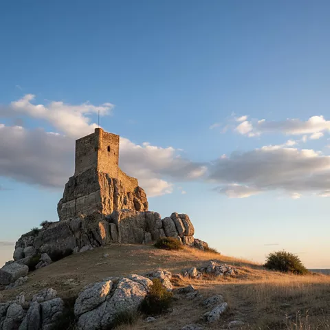 Restos de una torre defensiva de piedra en un entorno natural elevado.