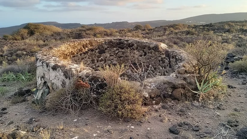 Pozo circular de piedra en un paisaje árido con vegetación baja.