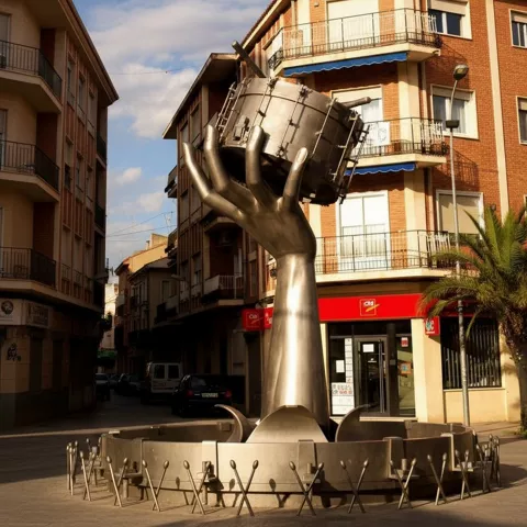Escultura de la mano con tambor en una rotonda, rodeada de edificios y palmeras.