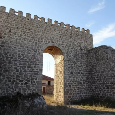 Puerta de piedra con arco alto y almenas, con hierba seca y una casa al fondo.