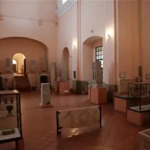 Sala de museo con vitrinas y piezas arqueológicas