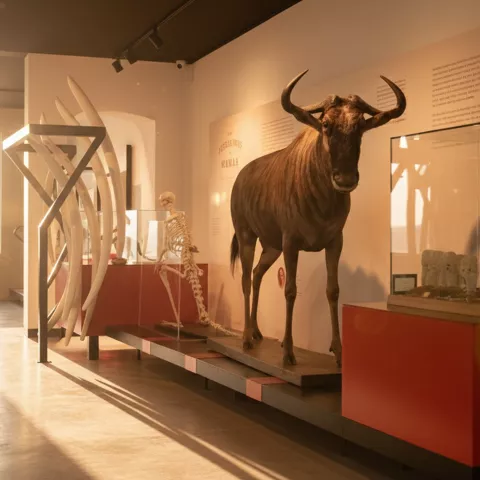 Exposición con animal disecado y esqueleto, junto a grandes huesos curvos en una sala iluminada por una ventana.