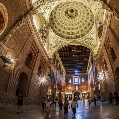 Gran nave con cúpula ornamentada y visitantes caminando.
