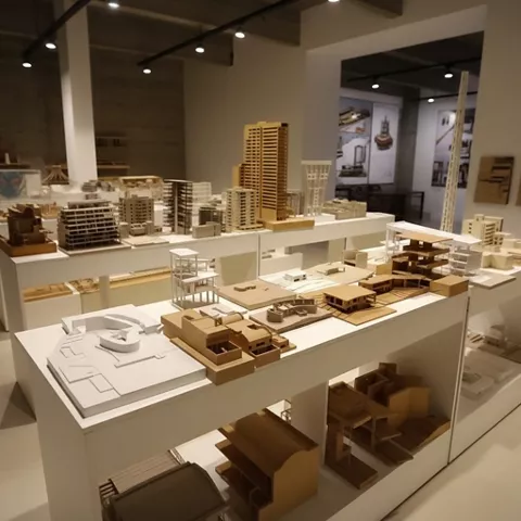 Exposición de modelos urbanos en estanterías.