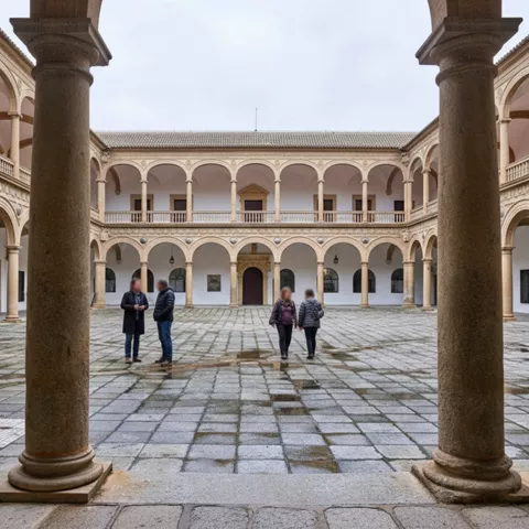Claustro renacentista con galerías de arcos y visitantes en el patio empedrado.
