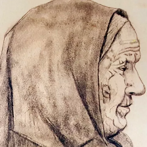 Dibujo de perfil de una mujer anciana con capucha