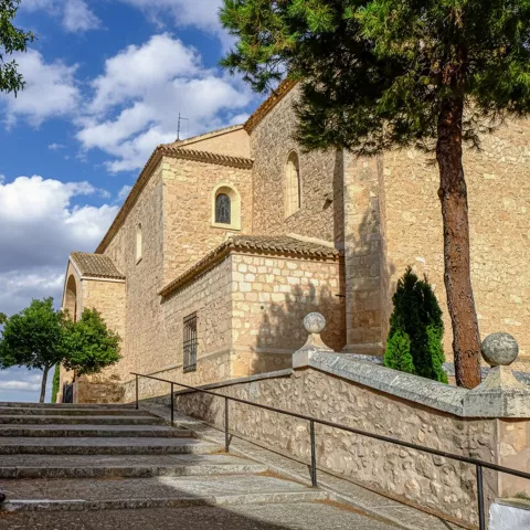 Vista lateral de iglesia de piedra rodeada de árboles