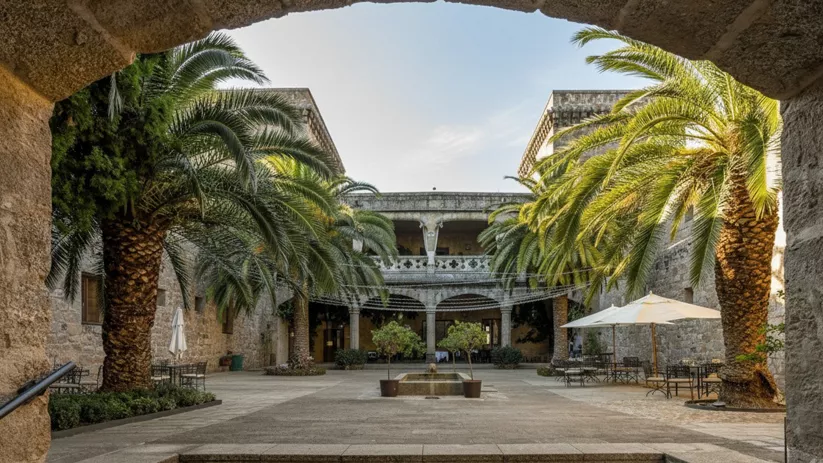 Patio de piedra con palmeras, fuente central y mesas con sombrillas.