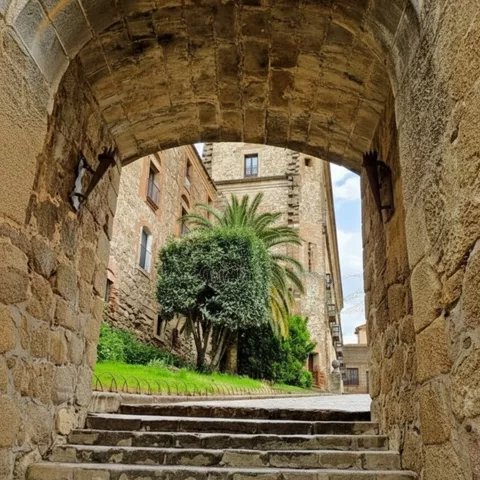 Escaleras de piedra bajo un arco con jardín al fondo.