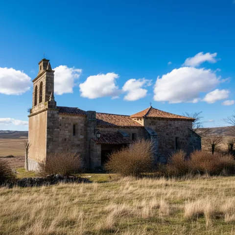 Construcción histórica de piedra bajo luz cálida.