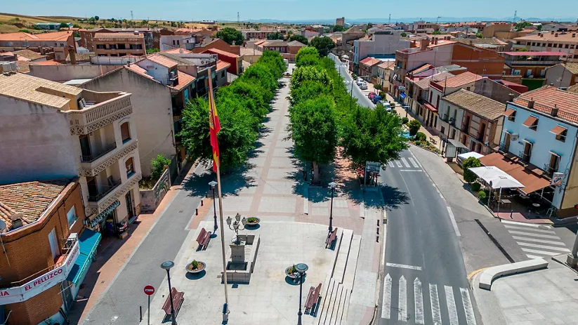 Plaza arbolada con monumento central y calles peatonales