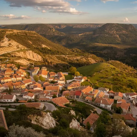 Valle y tejados al atardecer