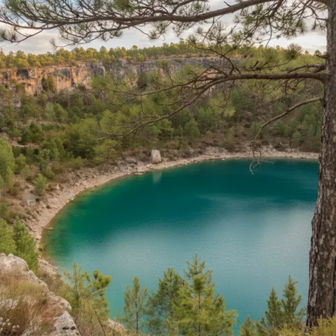 Laguna circular junto a acantilado boscoso