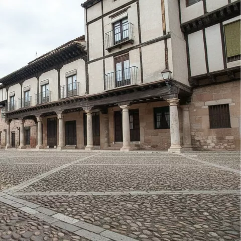 Soportales con columnas alineadas frente a edificios de entramado en plaza adoquinada.