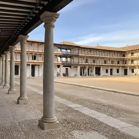 Galería porticada con columnas junto a plaza empedrada
