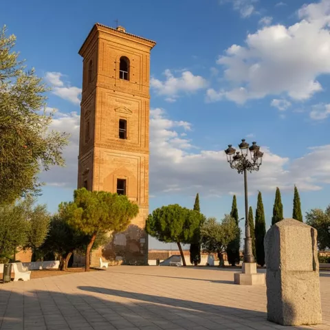 Torre de ladrillo iluminada por el sol junto a farola y plaza abierta.