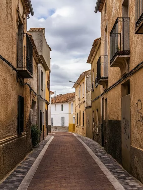 Calle estrecha de Pozohondo con fachadas de tonos ocres y balcones de forja.