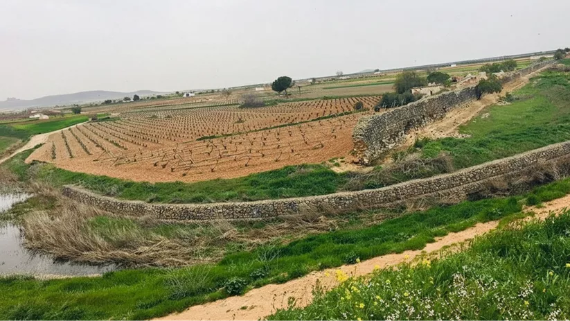 Canal de agua curvo entre campos de cultivo y muros de piedra en paisaje rural.