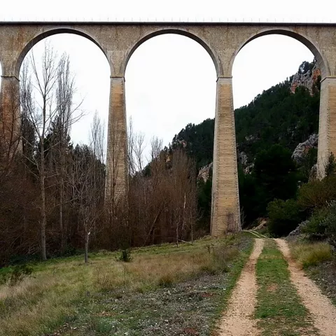 Viaducto de piedra sobre un camino rural.