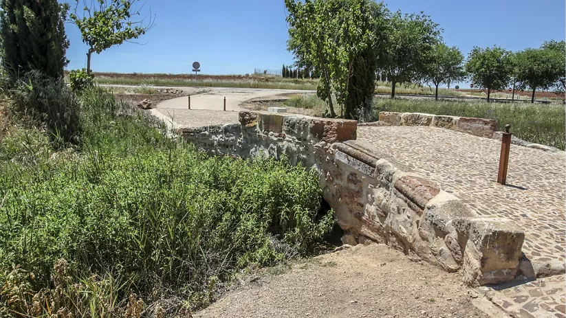 Puente de piedra sobre un arroyo rodeado de vegetación.