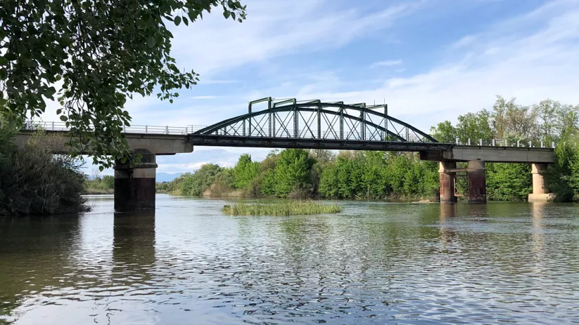 Puente metálico sobre un río rodeado de árboles