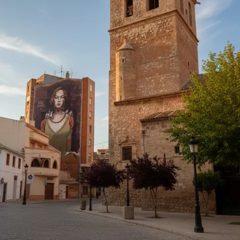 Vista de una plaza histórica, con una torre de piedra y un gran mural que representa a una mujer en la fachada de un edificio adyacente.