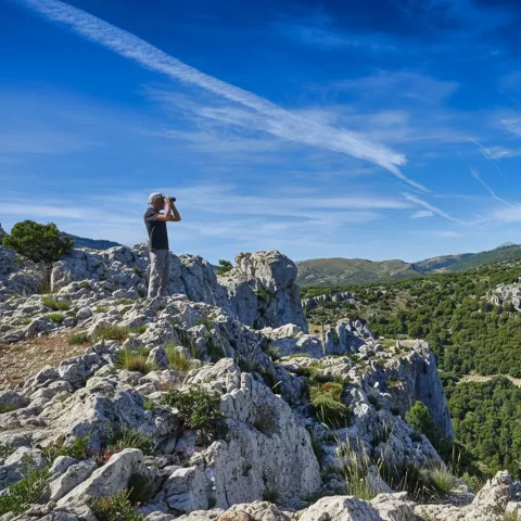 Hombre observando el paisaje desde rocas en la cima de la montaña.