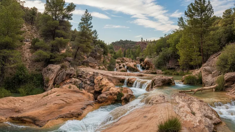 Cascadas suaves sobre rocas en entorno natural.