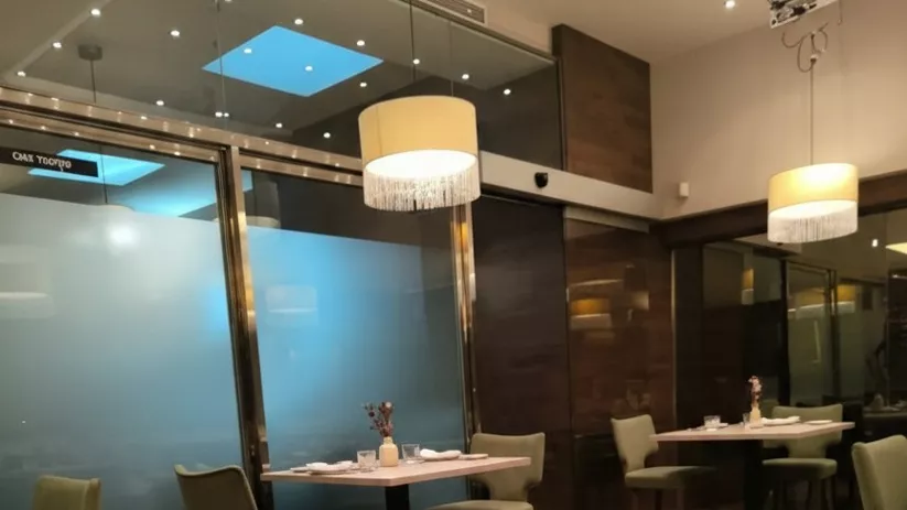 Comedor moderno con mesas pequeñas, mamparas de cristal y lámparas colgantes.